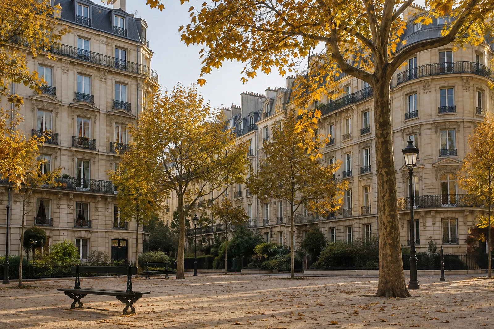 Place parisienne entourée d’immeubles haussmanniens