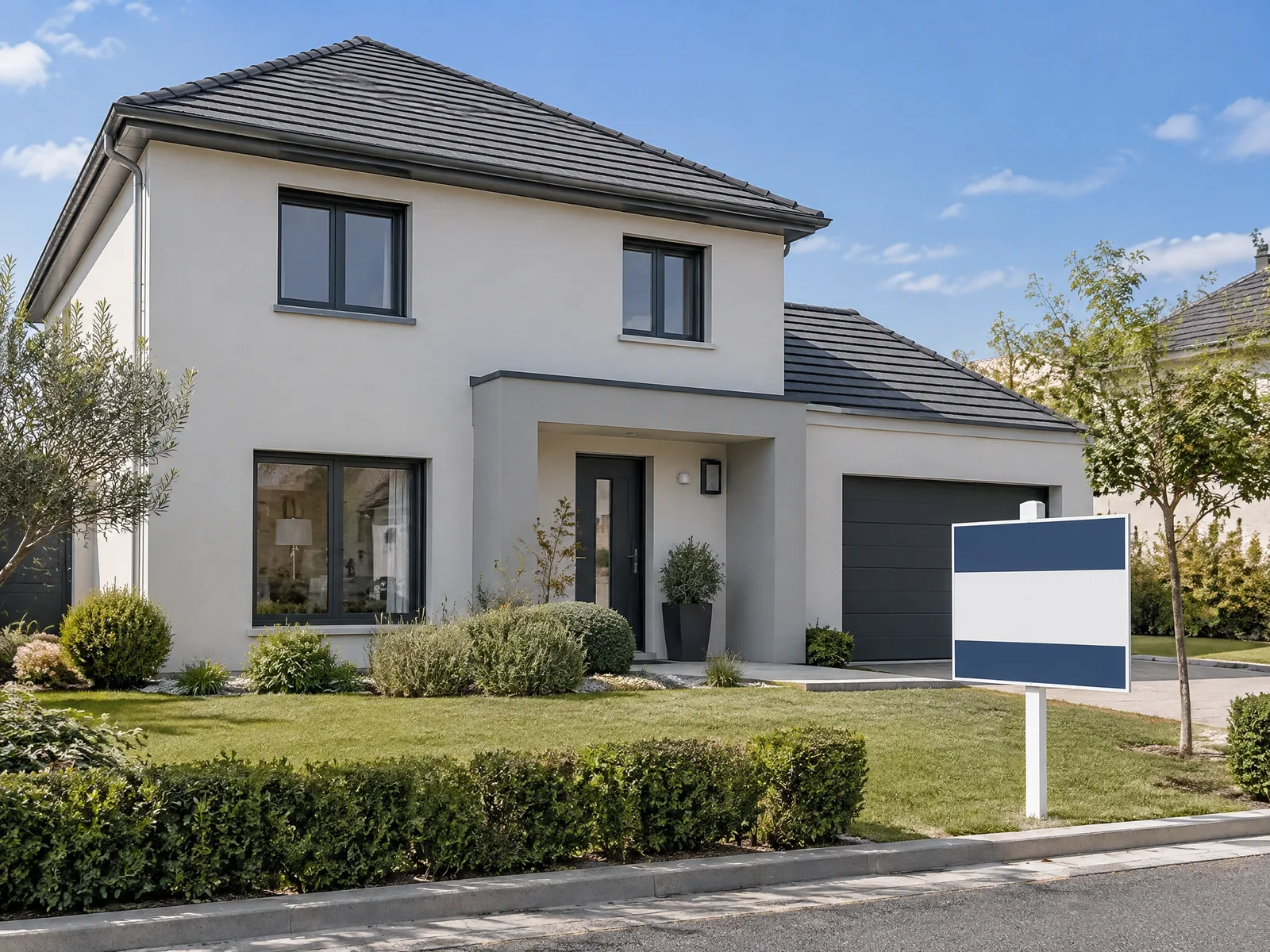 Maison individuelle moderne avec panneau de vente dans le jardin