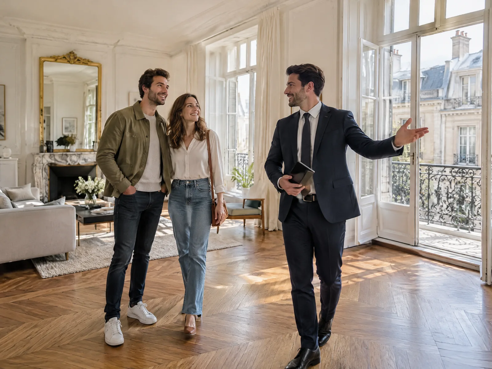 Couple visitant un appartement haussmannien avec un agent immobilier