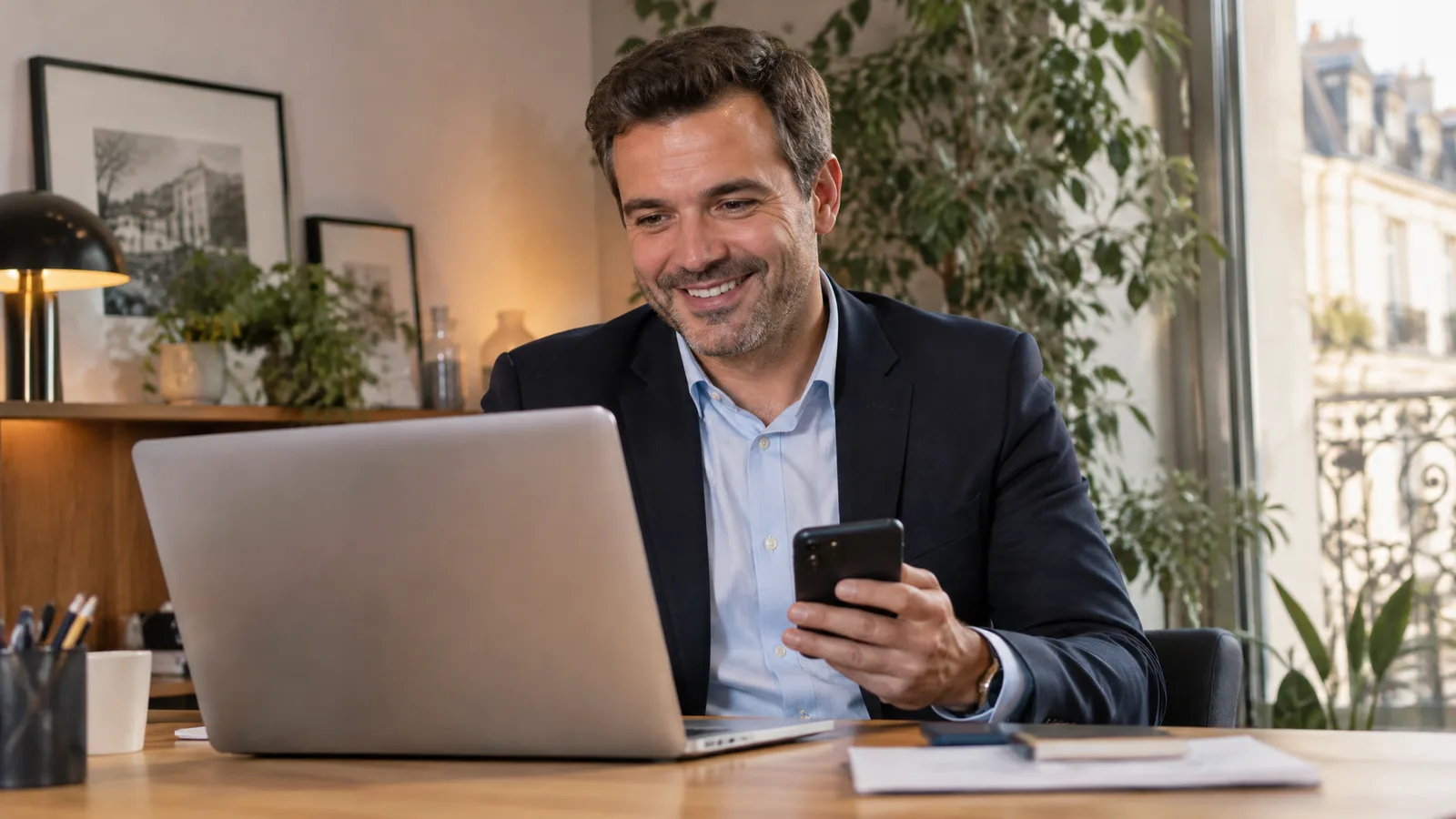Agent immobilier consultant sa liste de prospects sur son ordinateur, téléphone en main