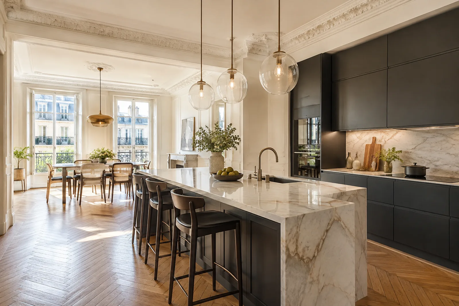 Cuisine ouverte dans un appartement ancien rénové
